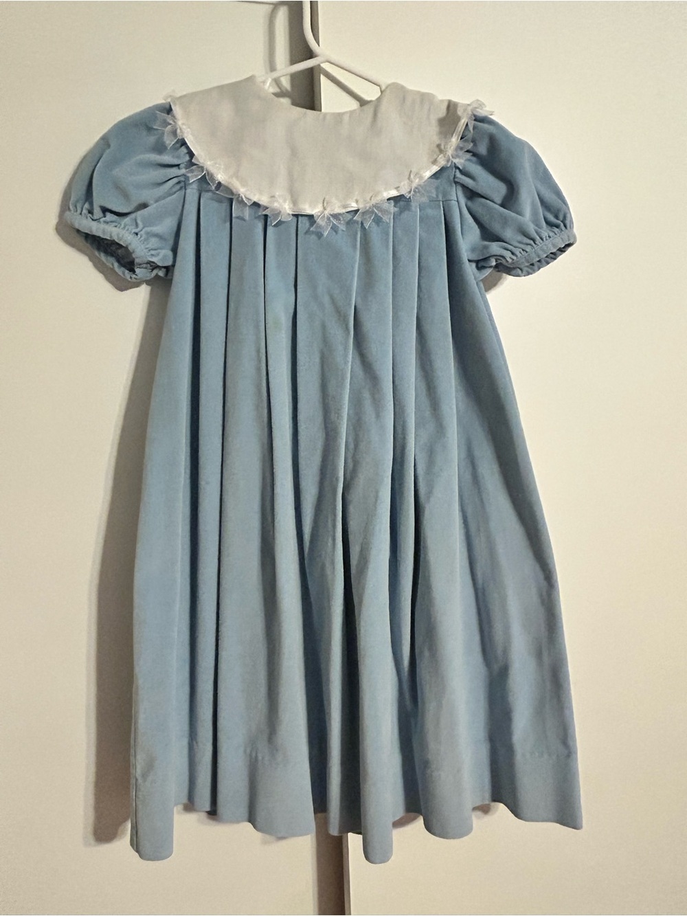 Vintage Chabre Light Blue Velvety Puff Sleeve Dress with White Peter Pan Collar